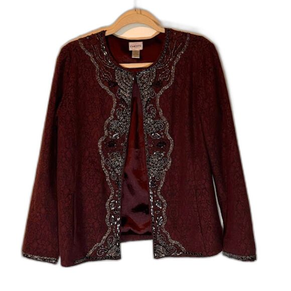 Chico’s Jacket M Purple Jacquard Damask Beaded Open Front Dressy Evening Formal* - Picture 2 of 9